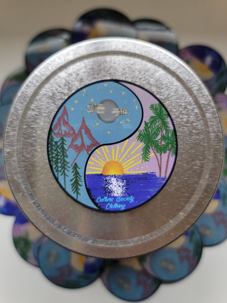 BALANCED STICKER. ROUND YINYANG WITH BEACH AND MOUNTAINS. WATERPROOF, DISHWASHER SAFE, CARWASH SAFE, WEATHER PROOF.