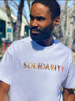 Solidarity One Tee. White 100% cotton t-shirt with graphic design.